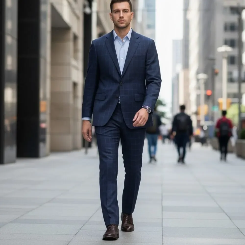 Indochino 2pc Suits Mens Size 44 R Navy Windowpane Camo Lined Jacket Pants 36x31